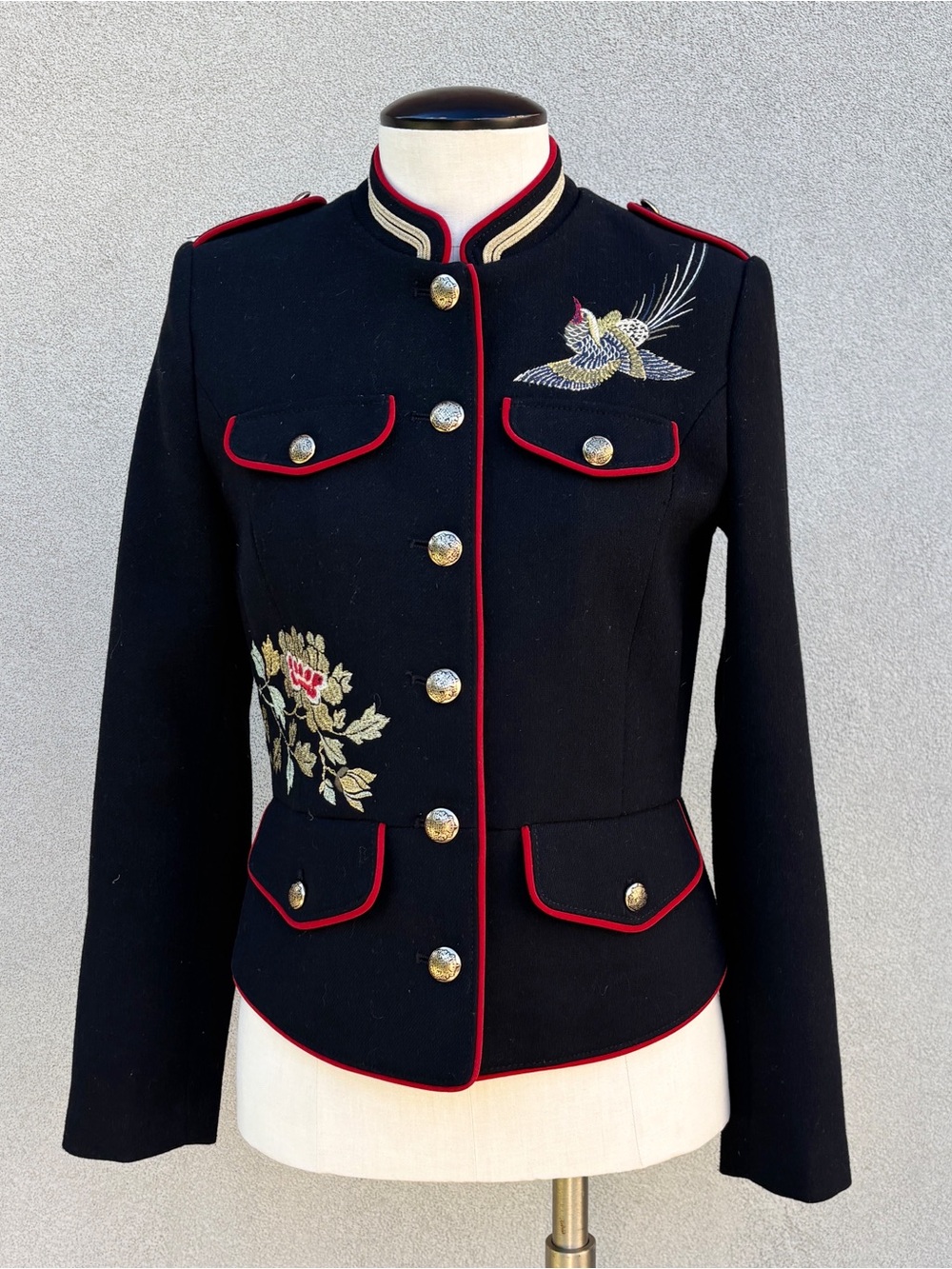 Zara Black Military-Style Jacket with Red Piping and Embroidery